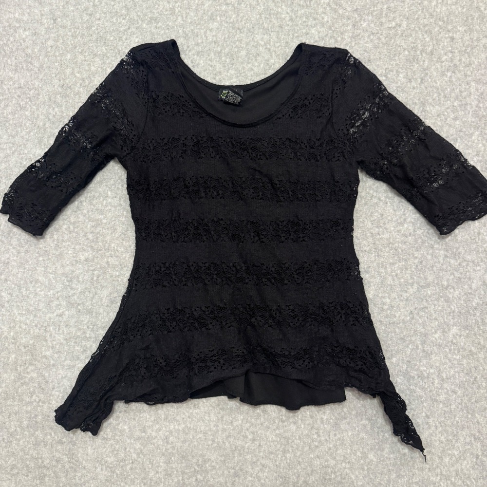 Y2K Shannon Ford New York Womens Black Lace Sharkbite Hem Top 3/4 Sleeve Size M